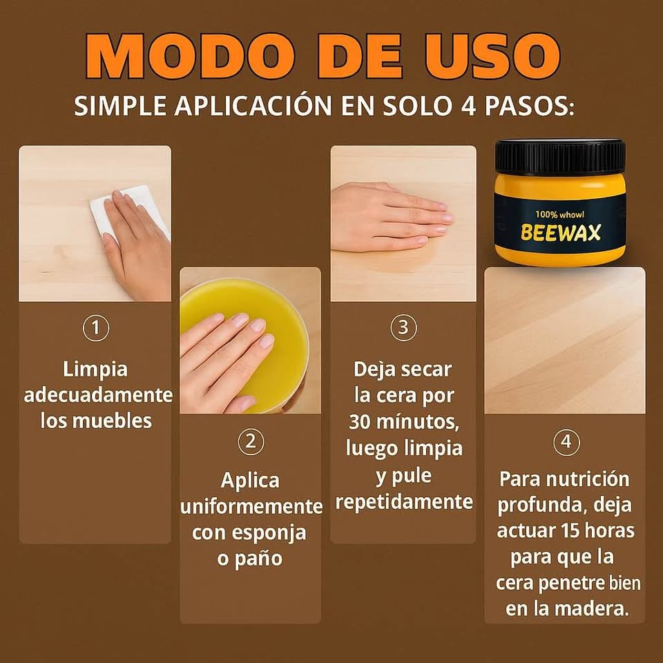Cera de Abeja Premium – Nutre la Madera – Renueva y protege tus muebles en minutos