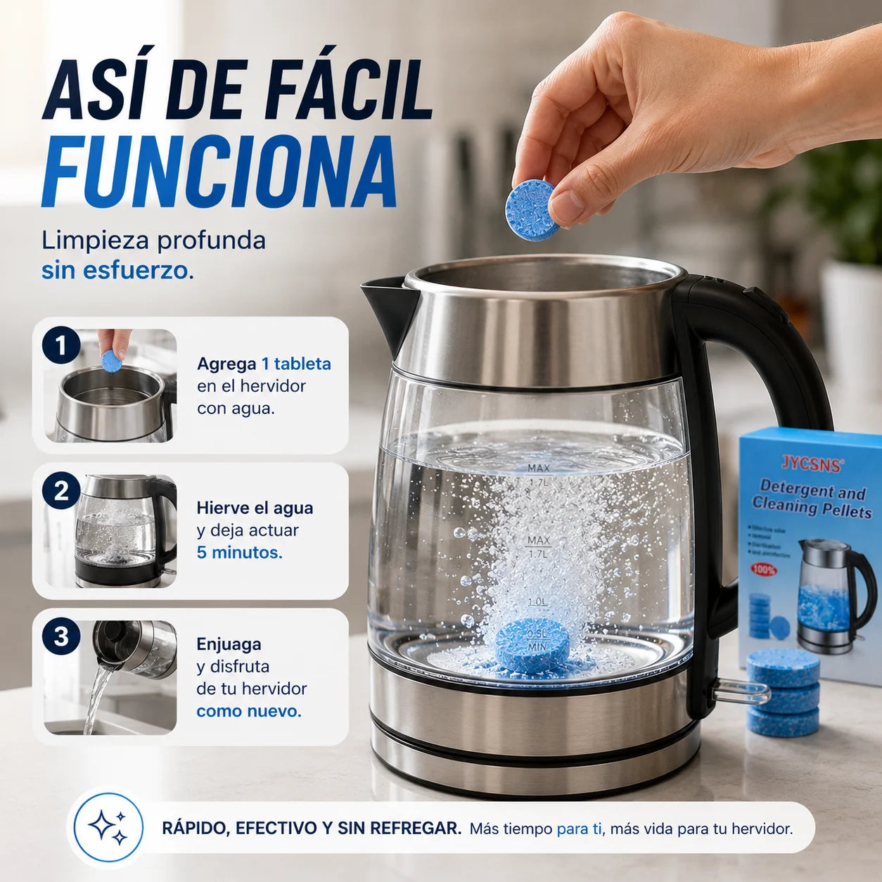 2x1 Limpieza Anti-Sarro para el Hogar - Descalcifica y renueva tu hervidor en minutos.