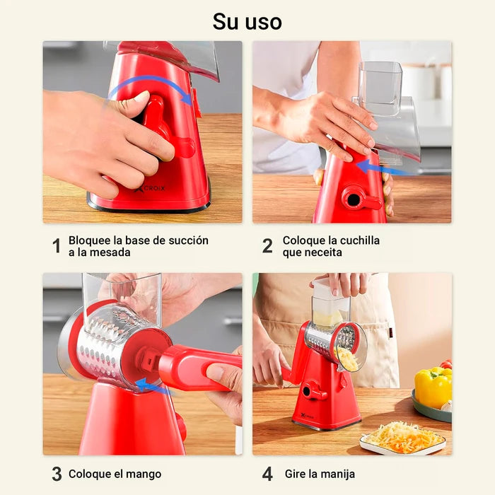 Rallador y rebanador de verduras con tambor giratorio 4 en 1